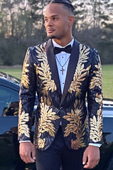Black and Gold 2 Piece Jacquard Sequins Men's Prom Suits